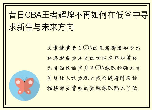 昔日CBA王者辉煌不再如何在低谷中寻求新生与未来方向