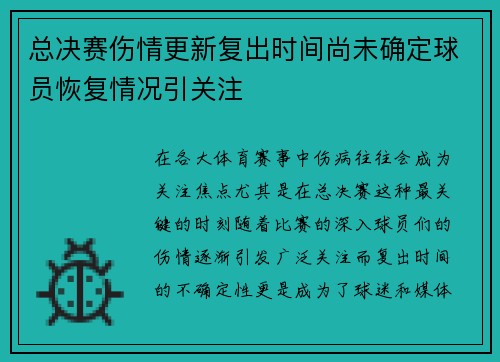 总决赛伤情更新复出时间尚未确定球员恢复情况引关注